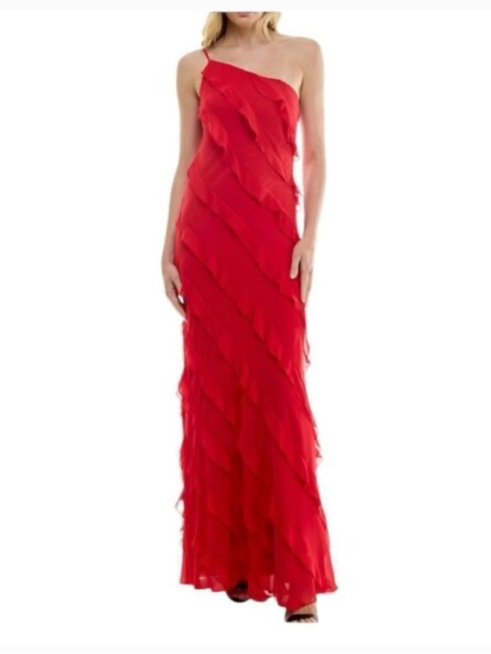 B Darlin One-Shoulder Red Ruffle Evening Gown